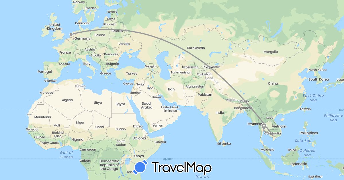 TravelMap itinerary: driving, plane in Cambodia, Netherlands, Thailand (Asia, Europe)